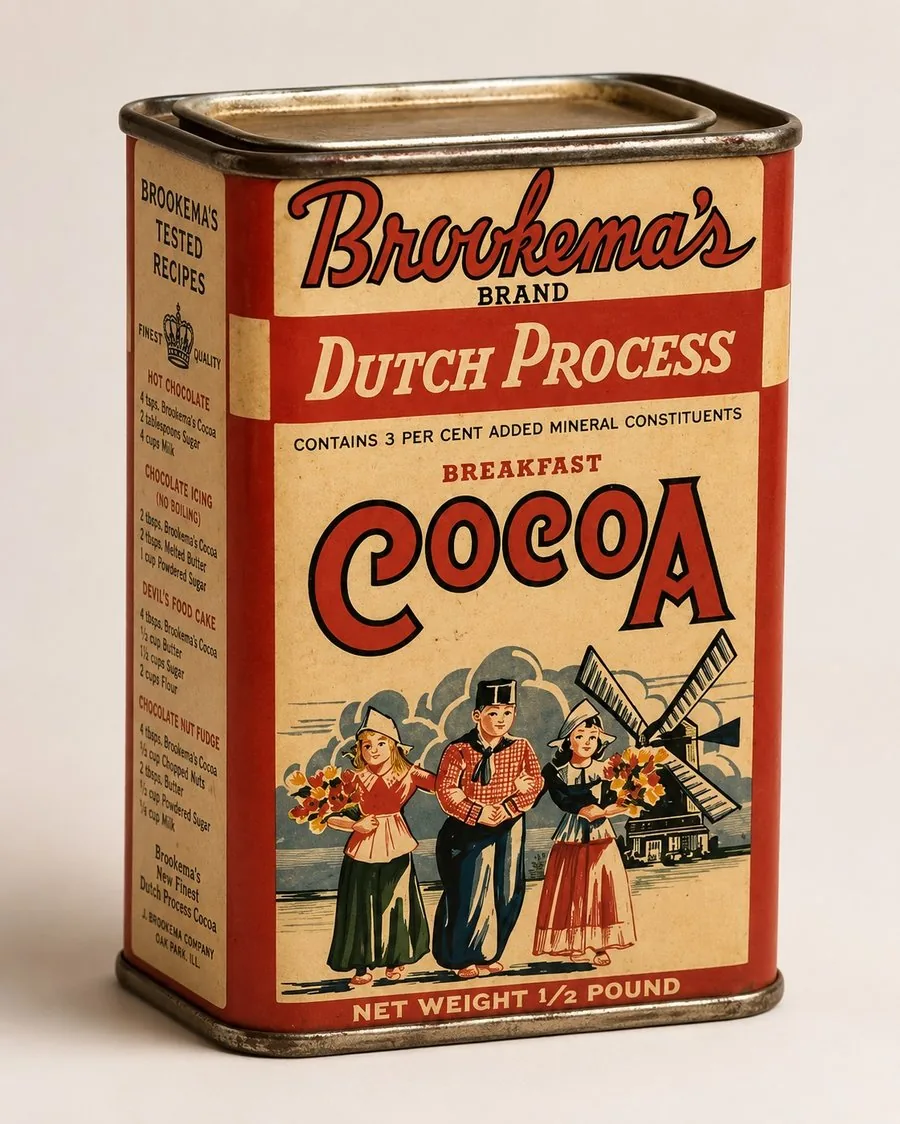 Vintage tin of Brookema's Dutch Process Breakfast Cocoa, net weight half pound, made by B. Brookema Co., Oak Park, Illinois