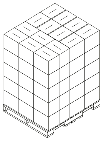 Isometric illustration of a palletized load stacked columnar — every layer aligned in the same position, seams running straight up and down