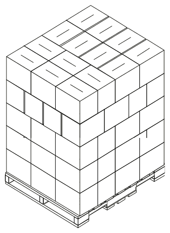 Isometric illustration of a palletized load stacked complex — columnar lower layers with an interlocked top layer